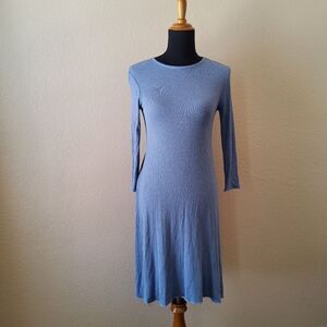 Three Dots Ribbed Long Sleeve A-Line Midi Knit Dress XS Blue New